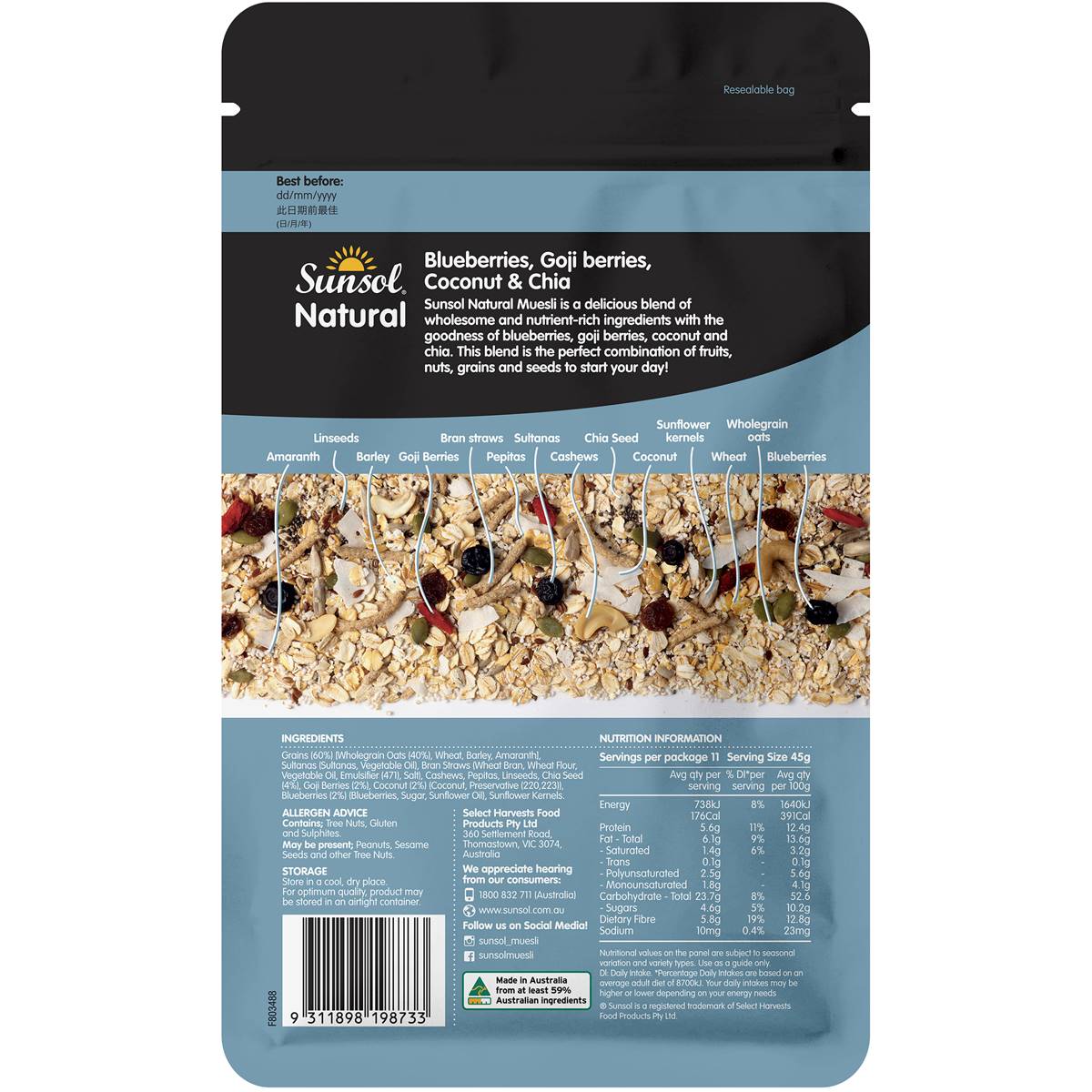 Sunsol Muesli Blueberry Chia Goji Coconut 500g Woolworths