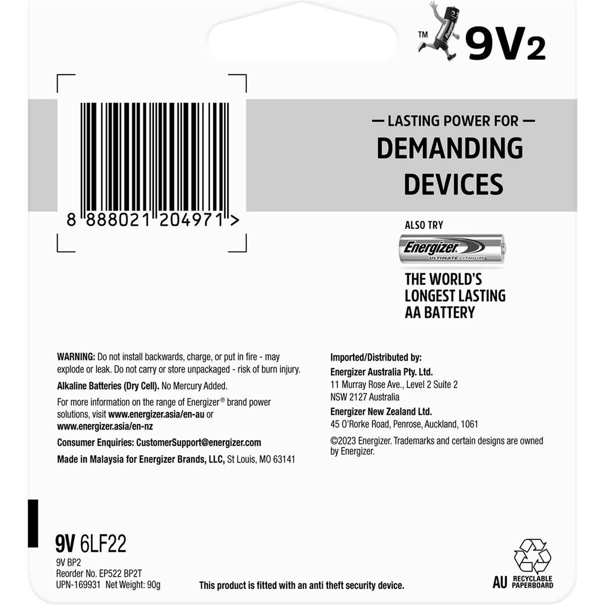 Energizer Max Plus High Performance 9v Alkaline Battery 2 Pack Woolworths