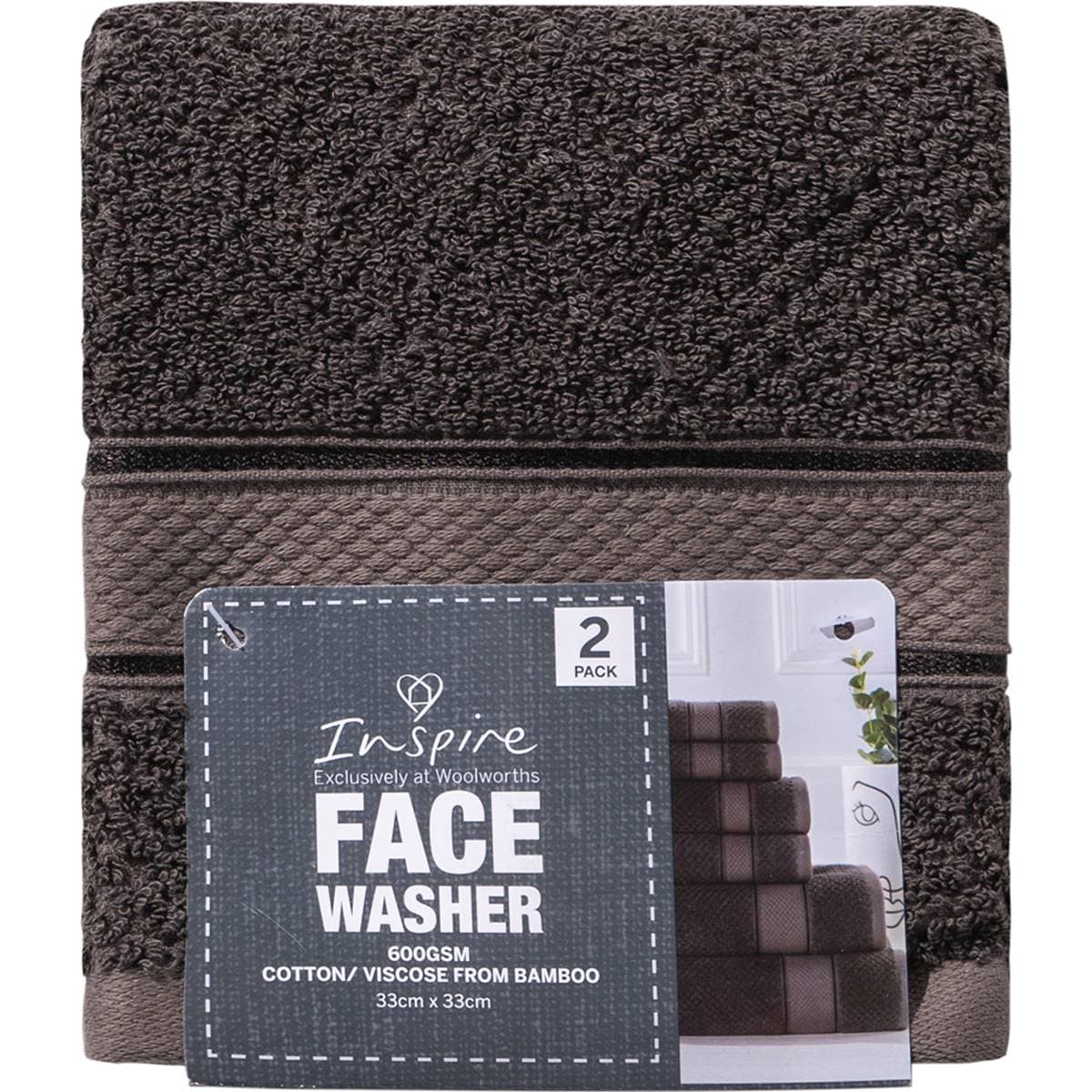 Inspire Premium Face Washer Charcoal 2 Pack Woolworths