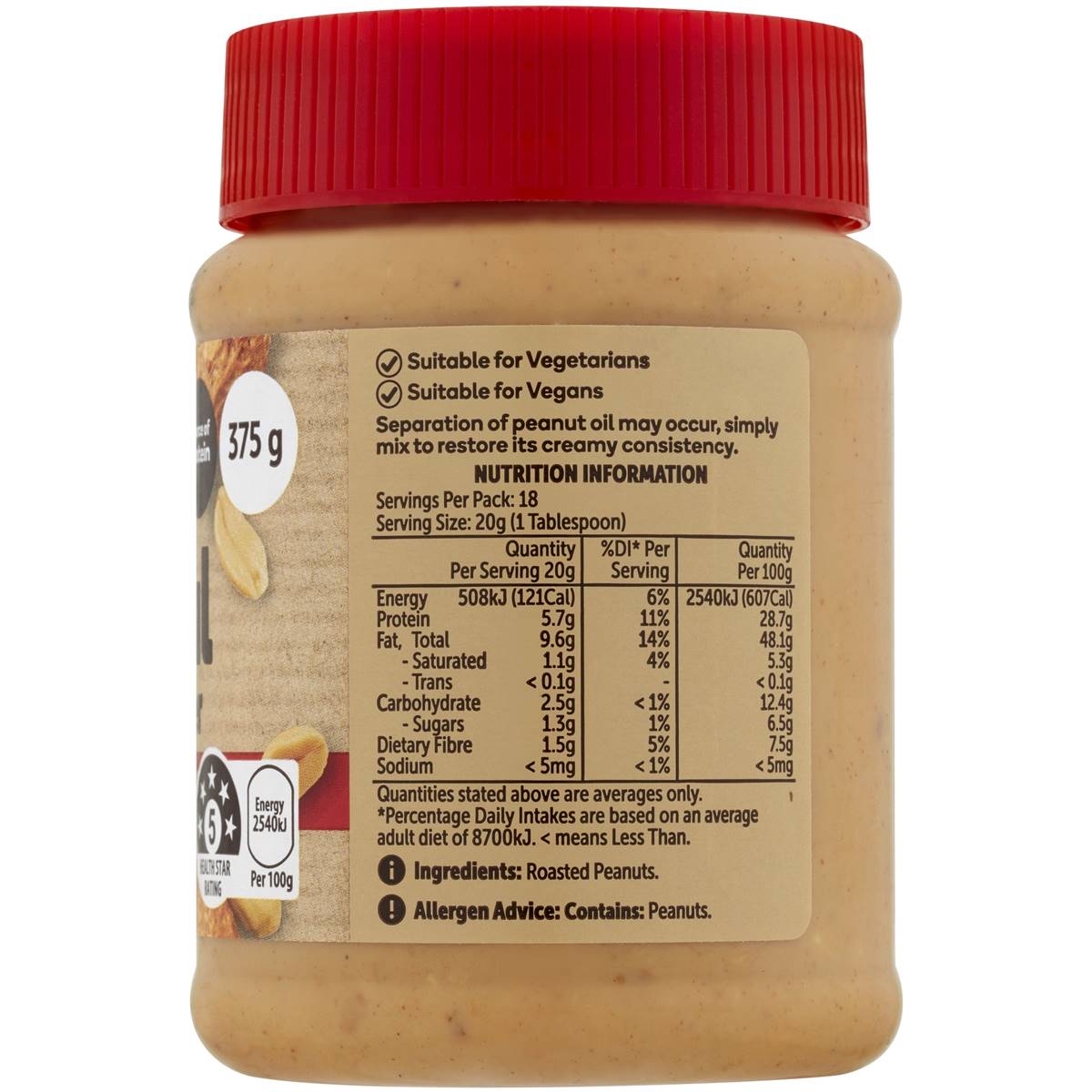 Woolworths Crunchy Peanut Butter Natural 375g Woolworths