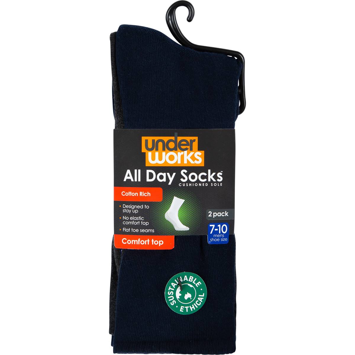 Underworks All Day Mens Cushioned Foot Socks Navy Size 7-10