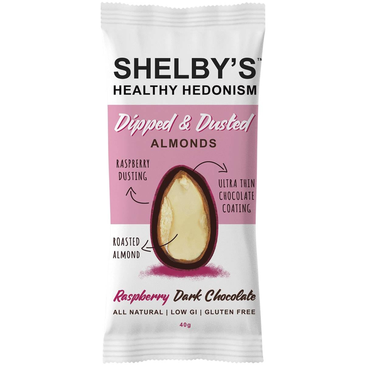 Shelby's Almonds With Dark Chocolate & Raspberry 40g Woolworths
