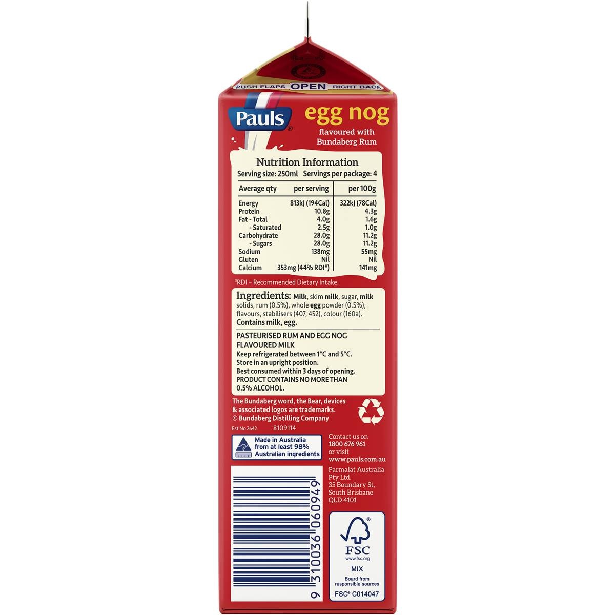 Pauls Bundaberg Rum Egg Nog 1l Woolworths