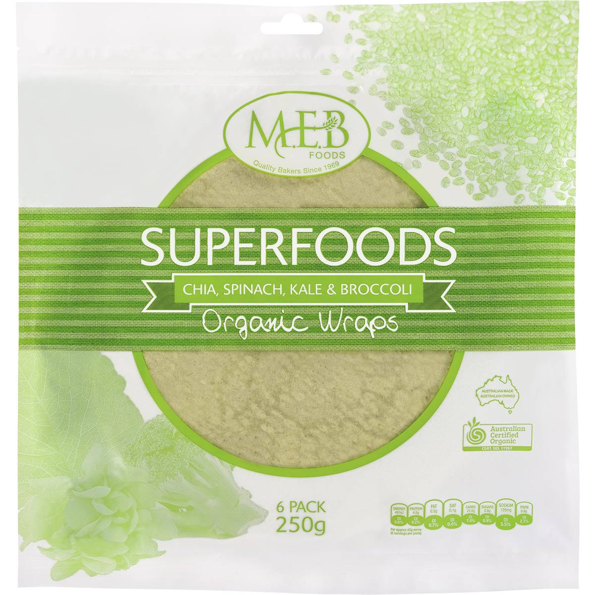 Meb Foods Chia Spinach Kale & Broccoli Organic Wrap 250g Woolworths