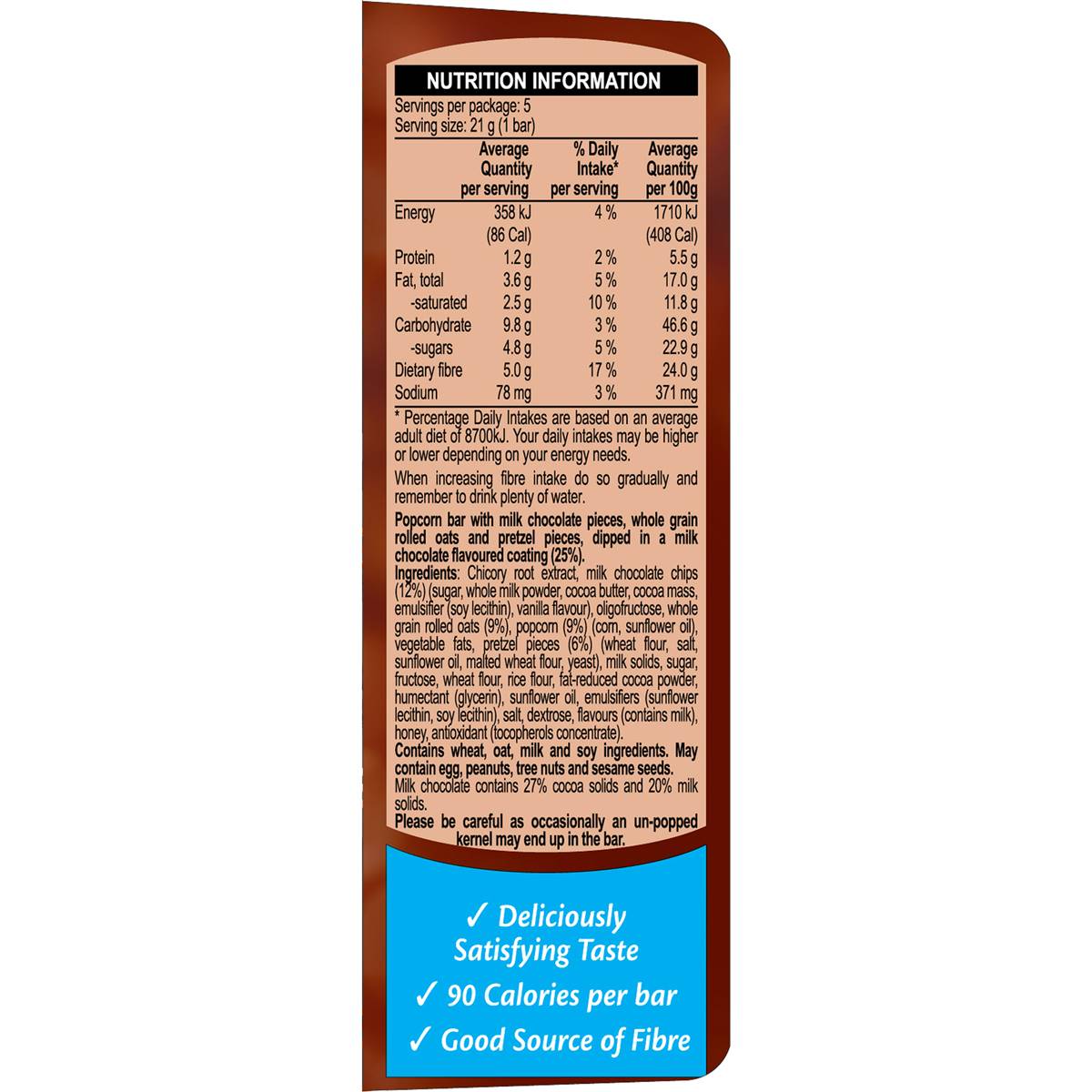 Fibre One 90 Calorie Milk Chocolate Popcorn & Pretzel Snack Bar 5 Pack