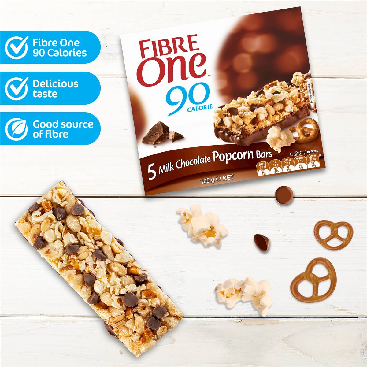 Fibre One 90 Calorie Milk Chocolate Popcorn & Pretzel Snack Bar 5 Pack