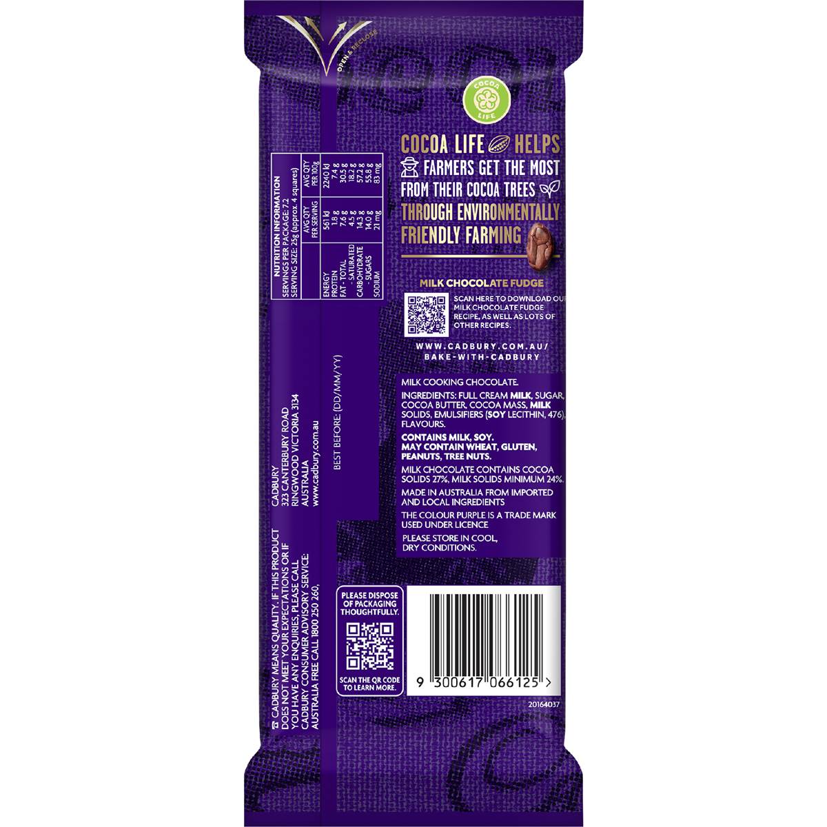 Cadbury Baking Milk Chocolate Block 180g Woolworths