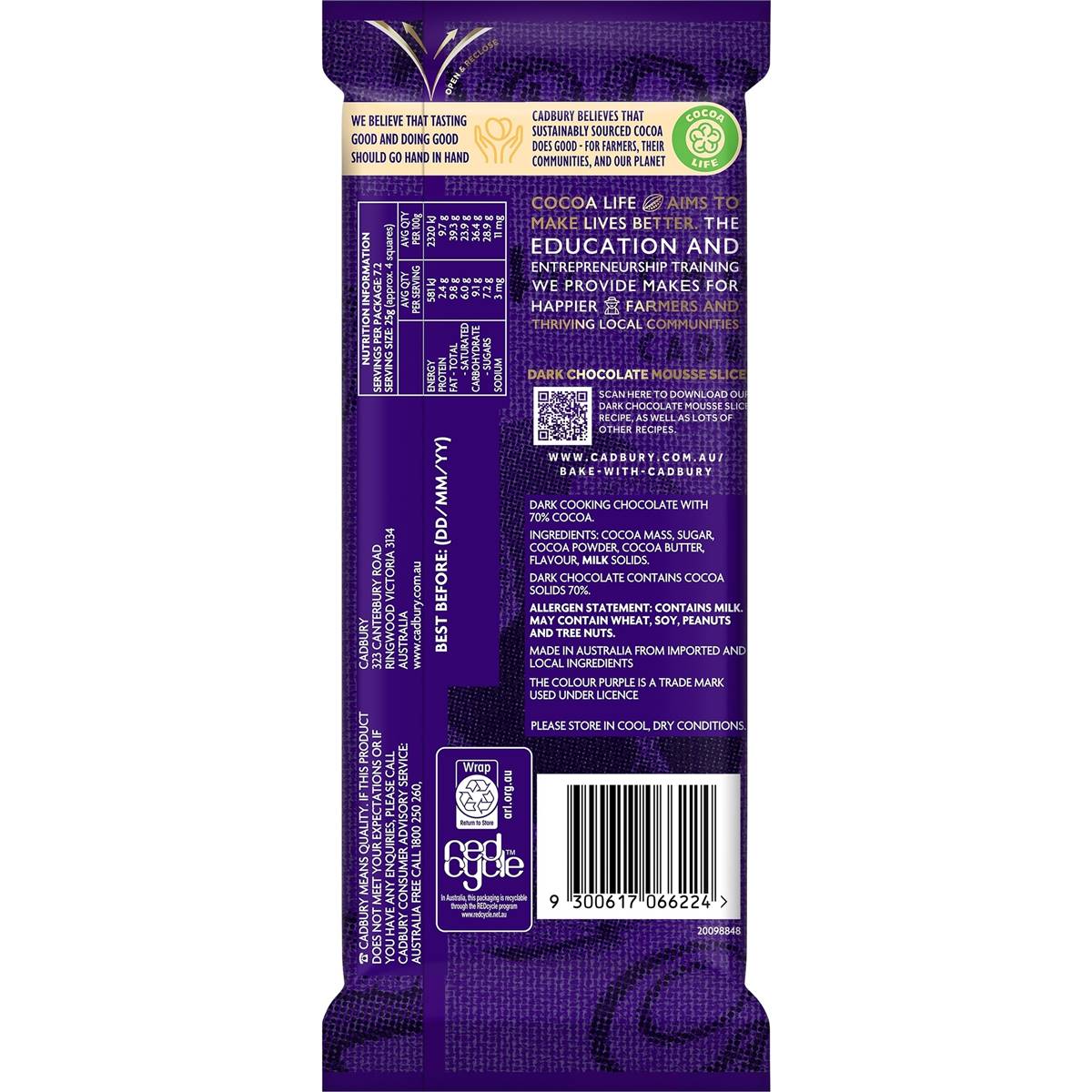 Cadbury Baking Dark 70% Cocoa Chocolate Block 180g | Woolworths