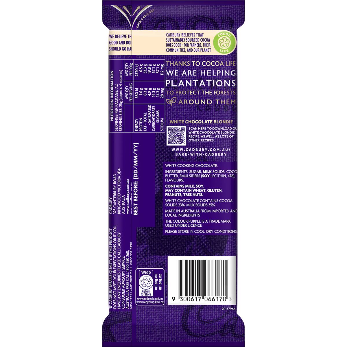 Cadbury Baking White Chocolate Block 180g | Woolworths