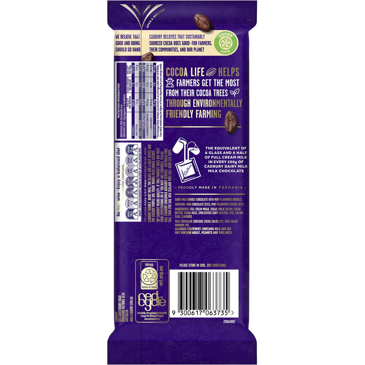 Cadbury Dairy Milk Bubbly Mint Chocolate Block 160g | Woolworths