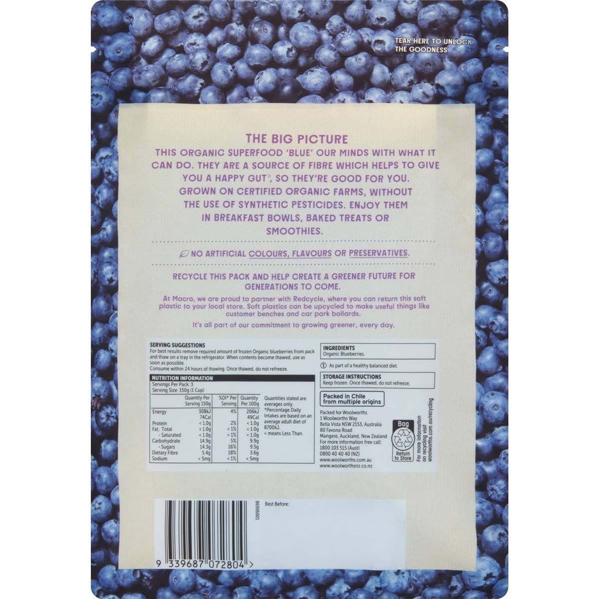 Macro Organic Frozen Blueberries 450g Woolworths
