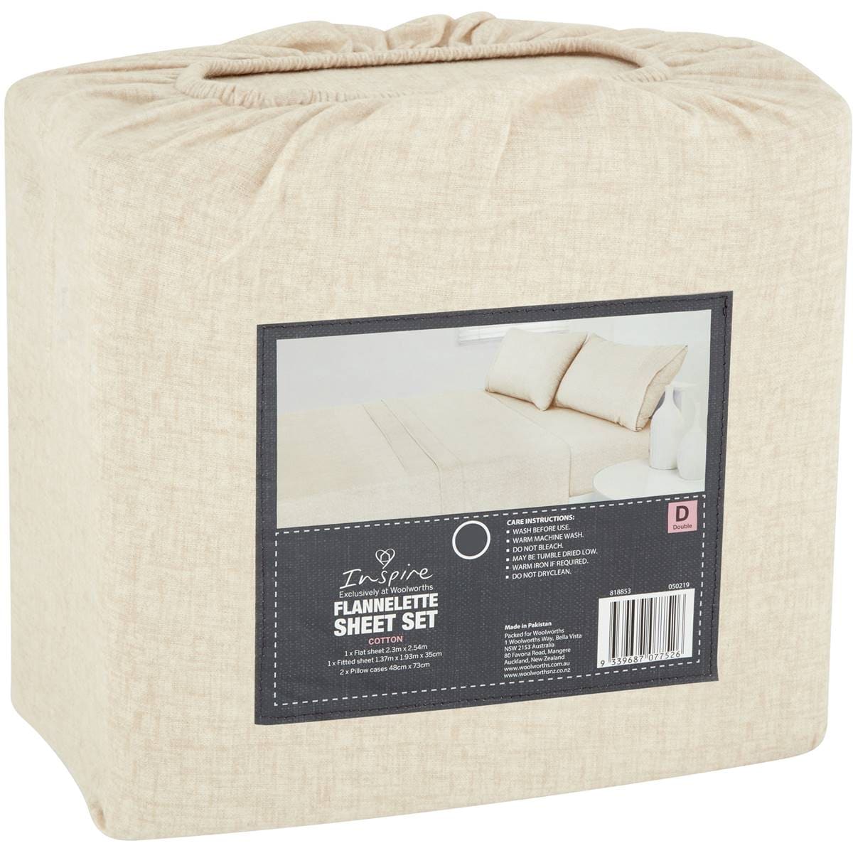 Inspire Cotton Flannelette Sheet Set Double Bed Cream Marle Each