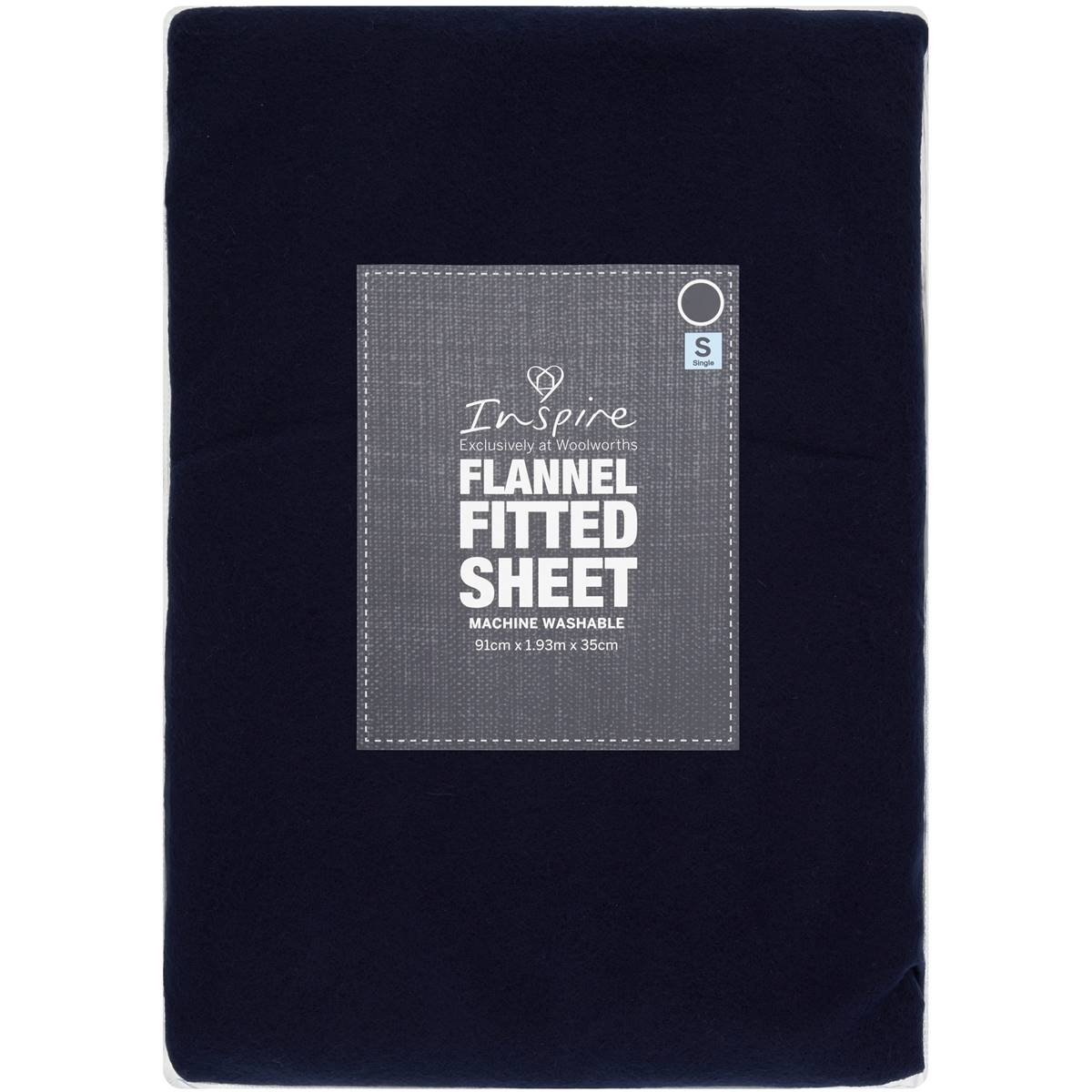 Inspire Microflannel Bed Sheet Fitted Single Bed Navy Each Woolworths