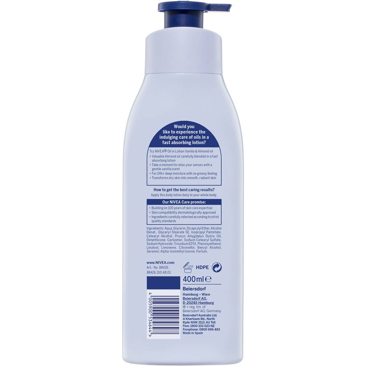 Nivea Oil In Lotion Scented Vanilla & Almond Body Moisturiser 400ml ...