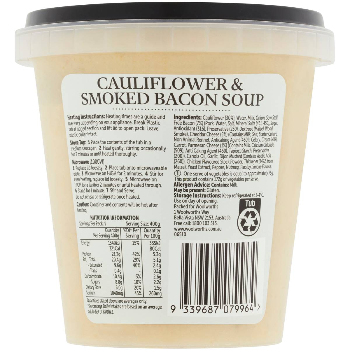 Woolworths Cauliflower & Bacon Soup 400g Woolworths