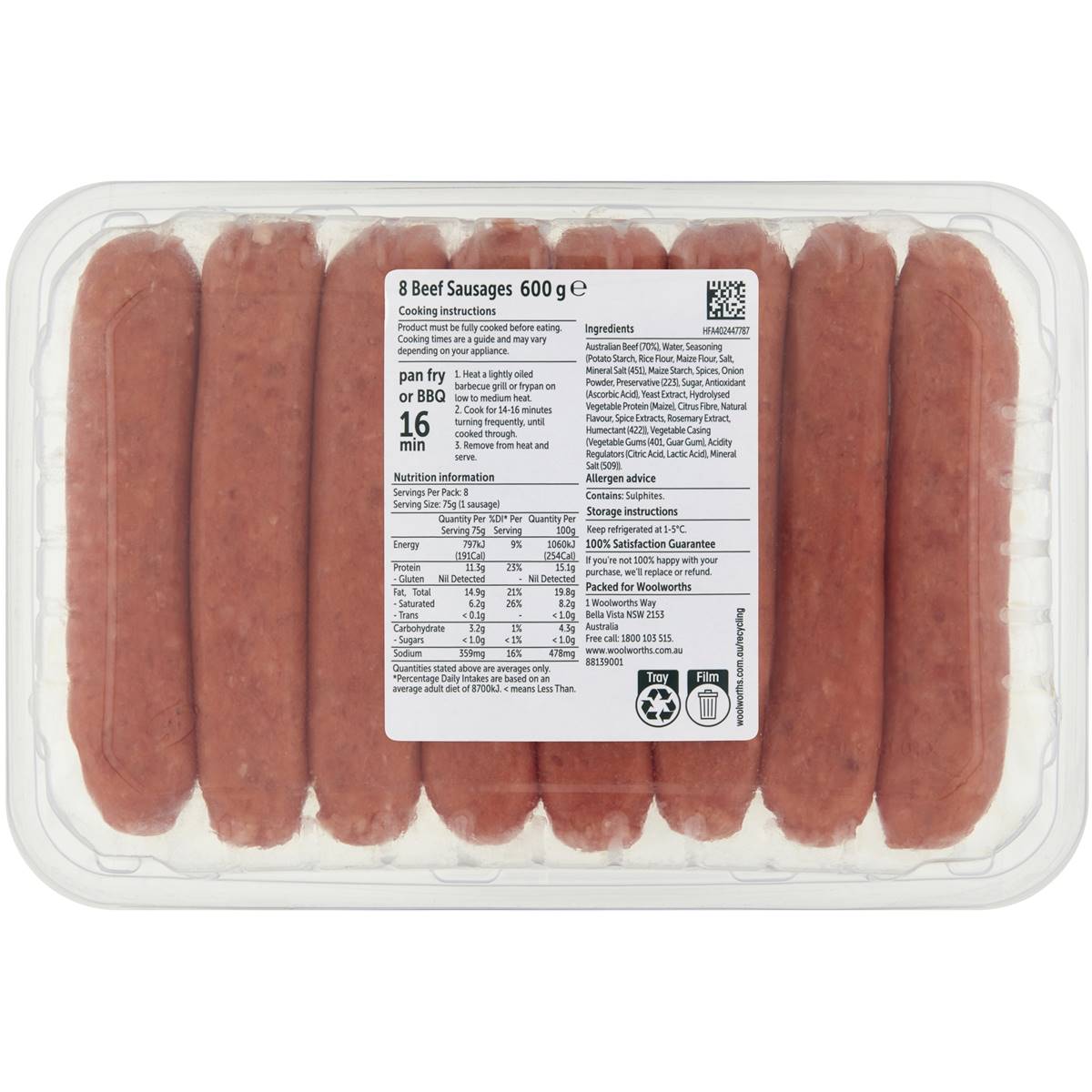 Woolworths 8 Beef Sausages 600g Woolworths