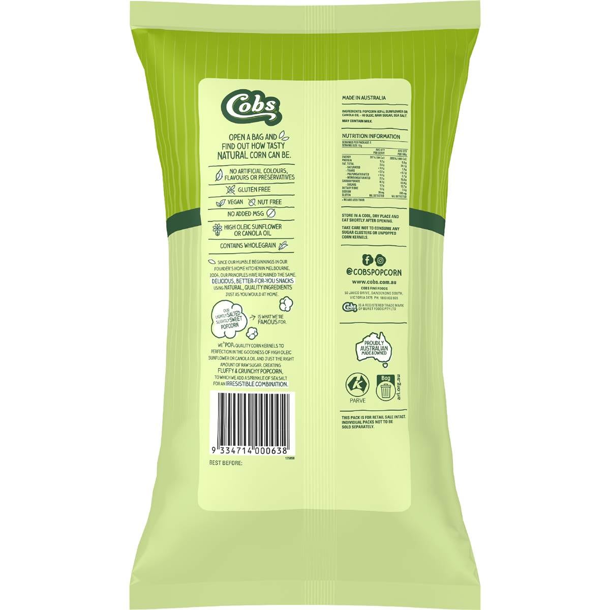 Cobs Popcorn Lightly Salted Slightly Sweet Gluten Free 5 Pack Woolworths