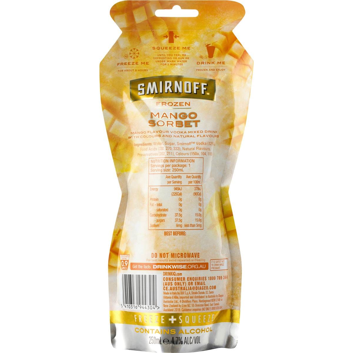 Smirnoff Vodka Sorbet Pouches Mango 250ml Woolworths