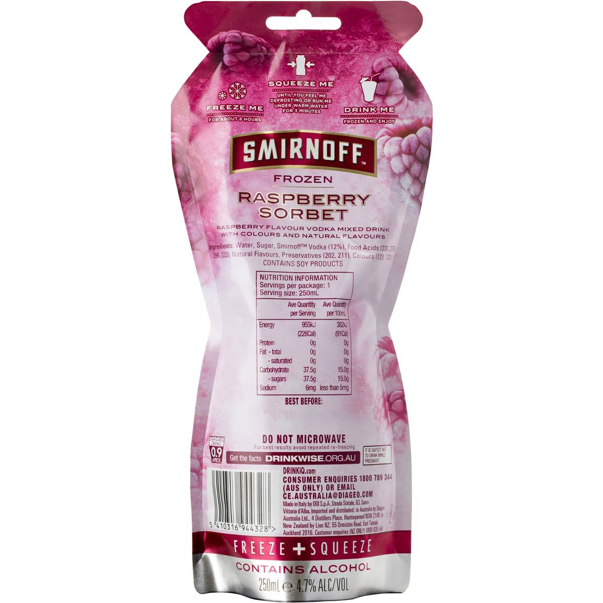 Smirnoff Vodka Sorbet Pouches Raspberry 250ml Woolworths