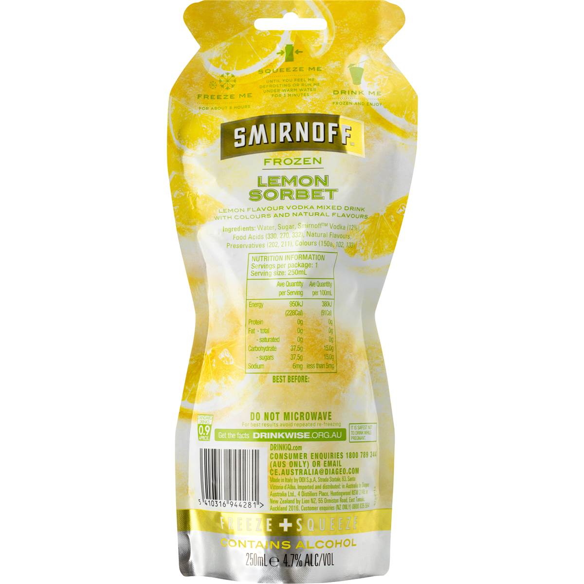 Smirnoff Vodka Sorbet Pouches Lemon 250ml Woolworths