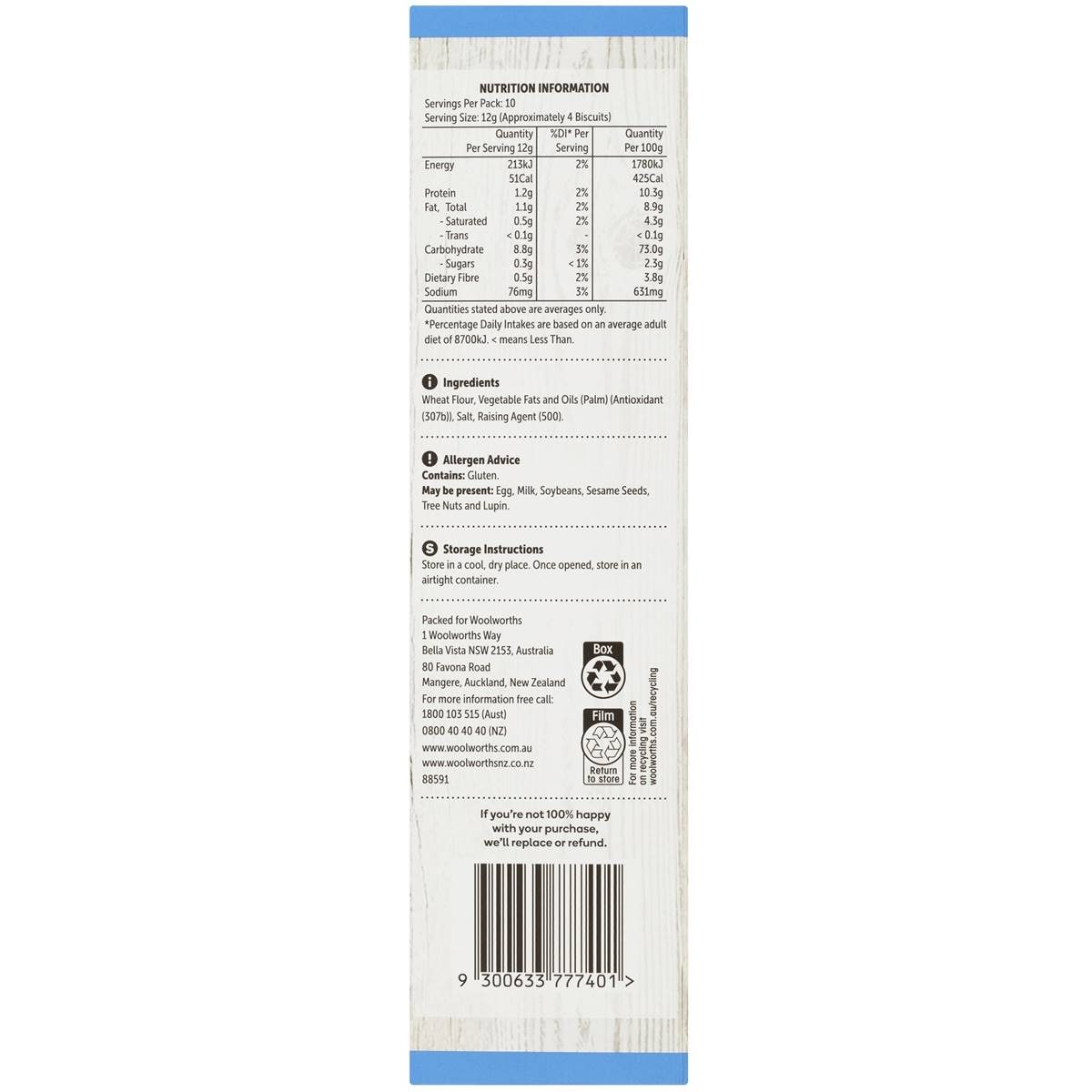 Woolworths Plain Water Crackers 125g Woolworths