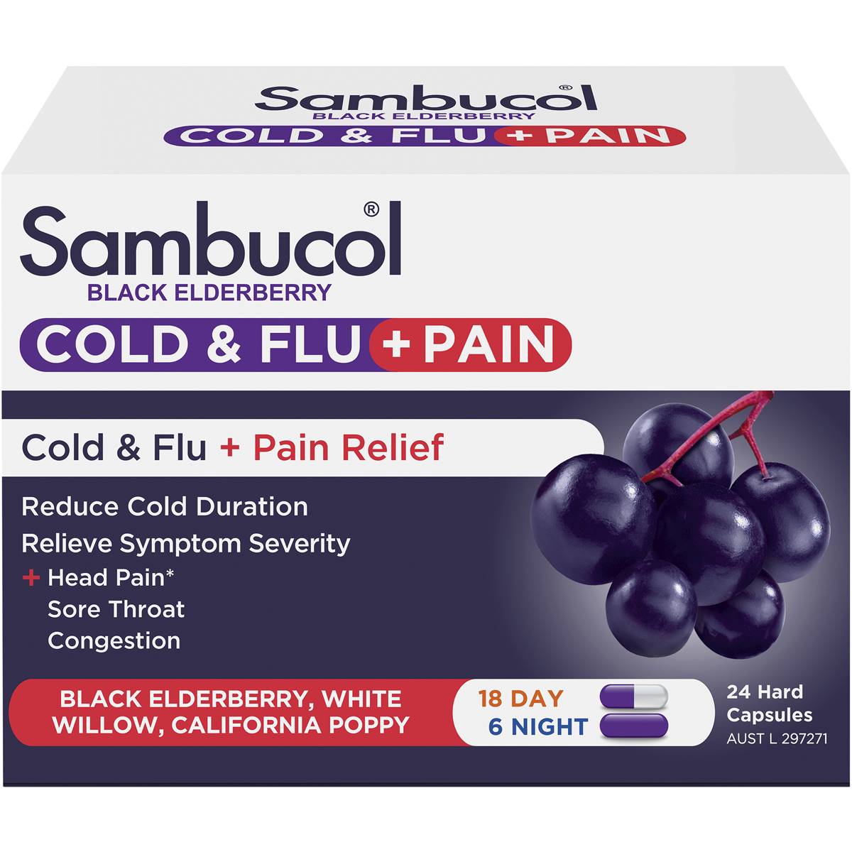 Sambucol Cold & Flu + Pain Relief Capsules 24 Pack Woolworths