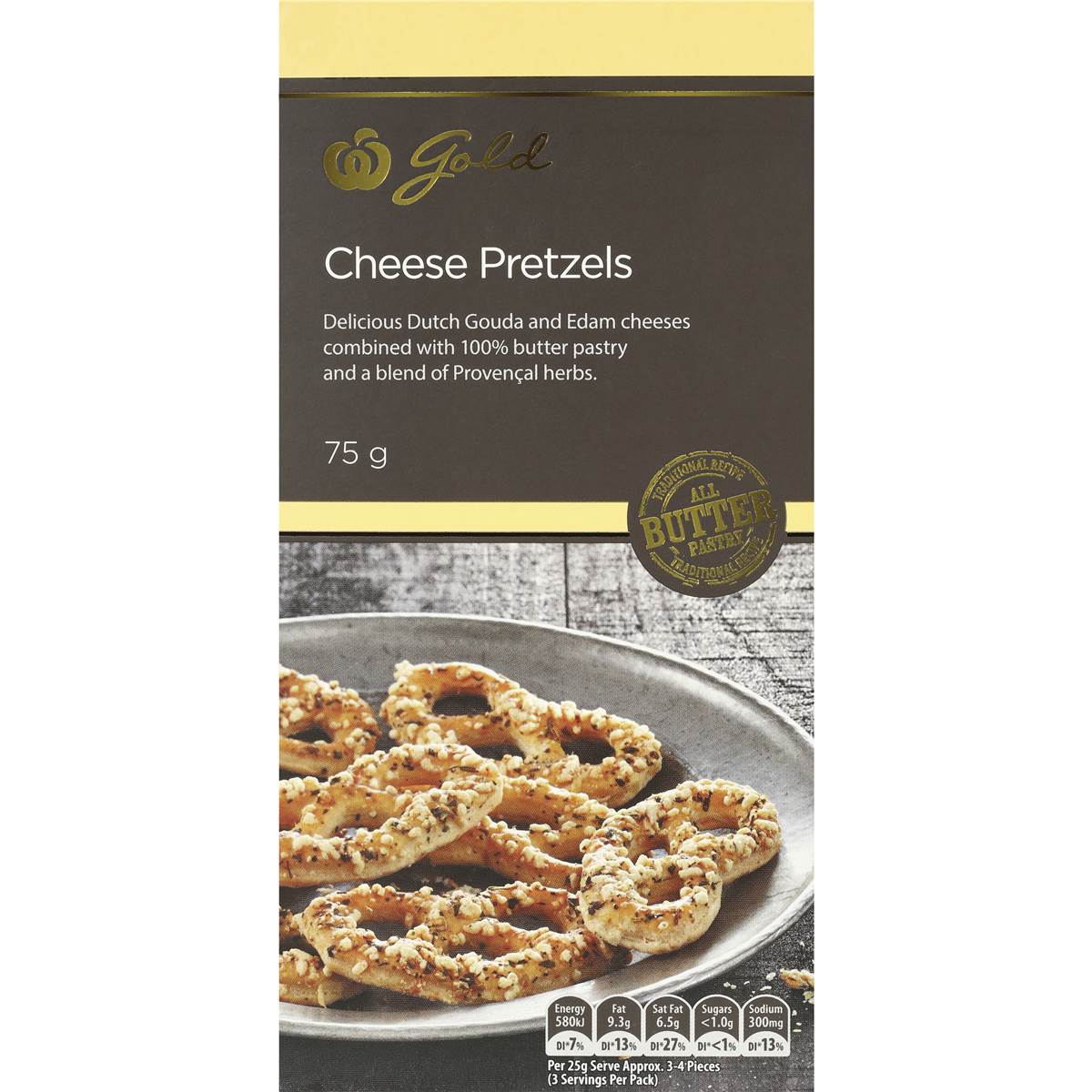 Woolworths Gold Mediterranean Herb Gouda & Edam Butter Pretzels 75g