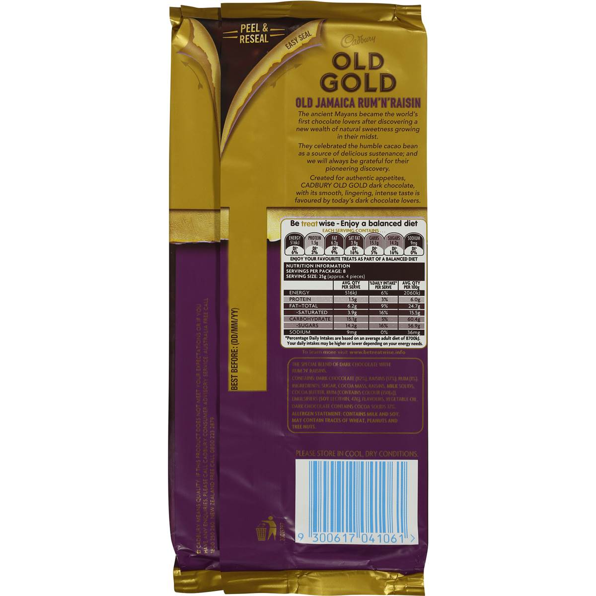 Cadbury Old Gold Dark Chocolate Old Jamaica Rum N Raisin 200g Block Woolworths