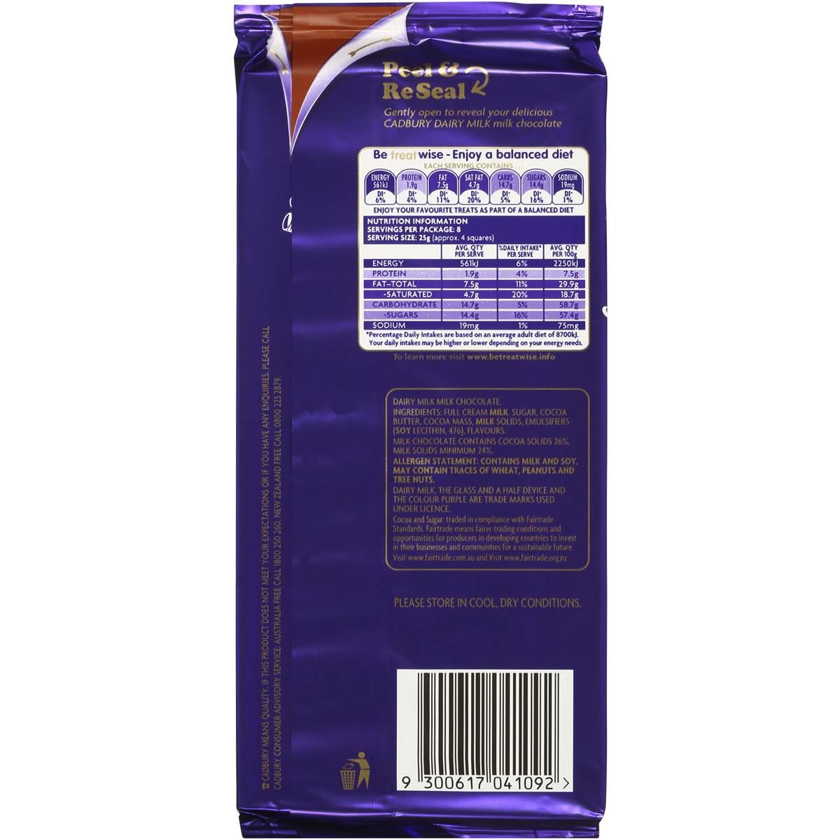 Cadbury Dairy Milk Chocolate Fair Trade 200g block Woolworths