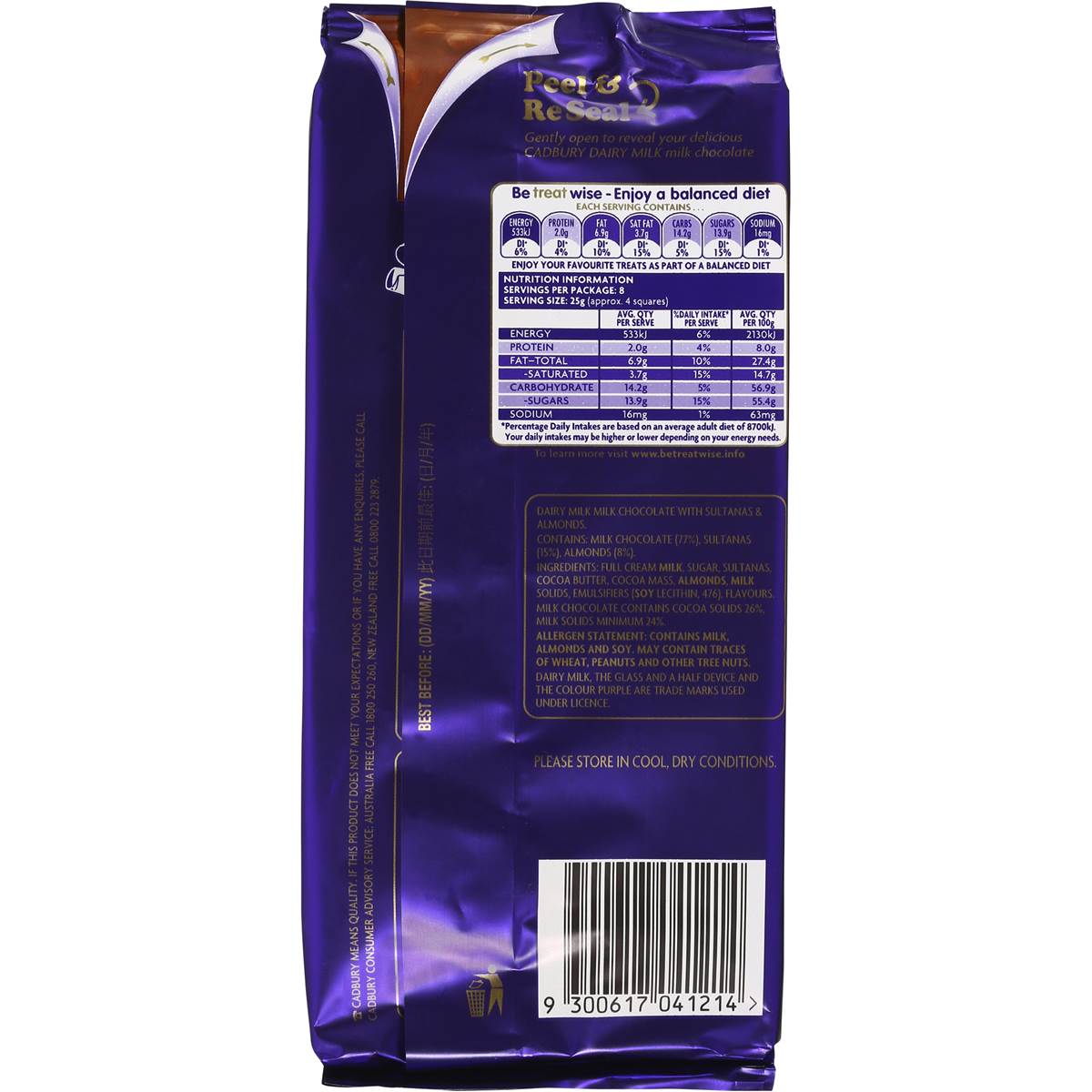 Cadbury Dairy Milk Chocolate Fruit & Nut 200g Block Woolworths