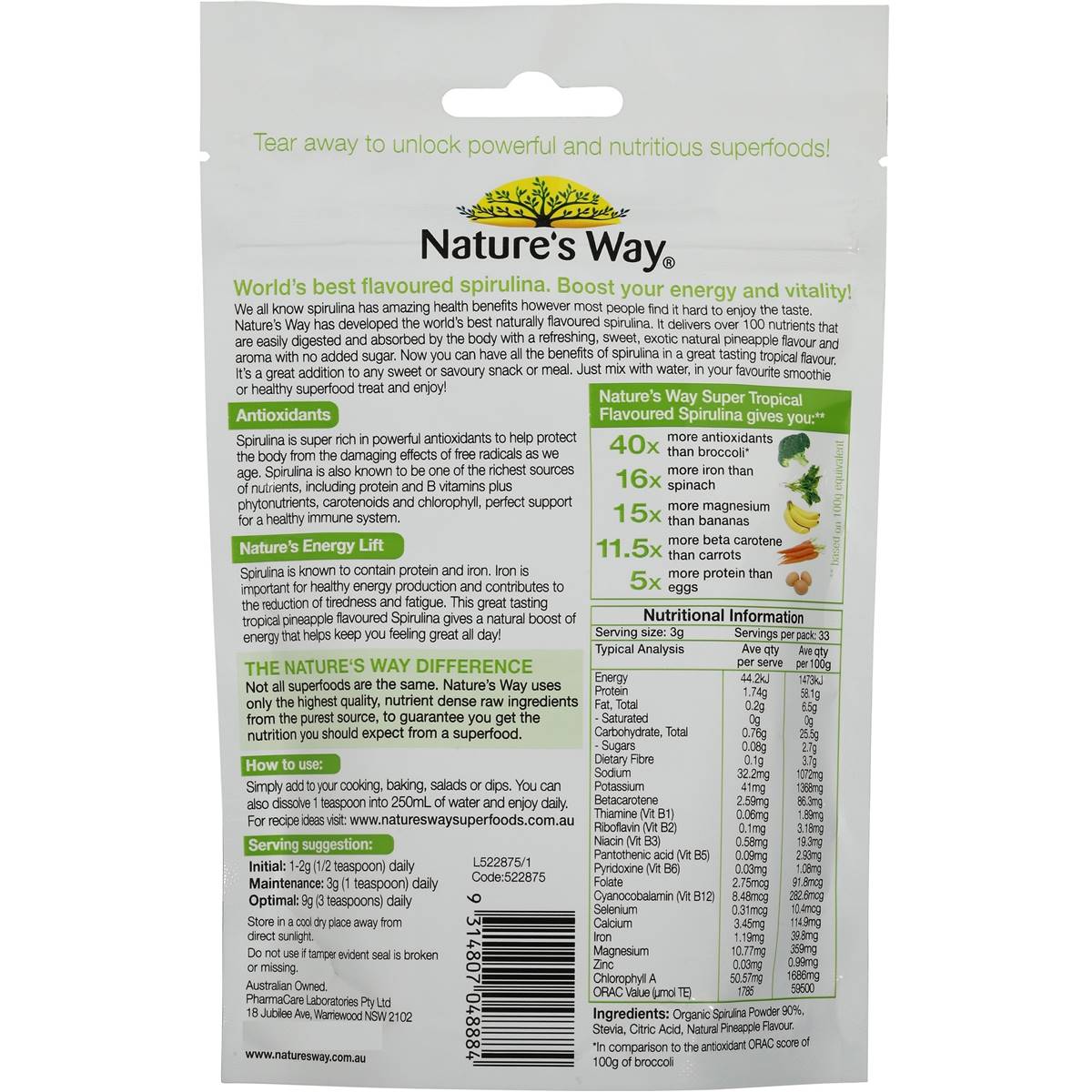 Nature's Way Super Spirulina Tropical Organic Powder 100g Woolworths