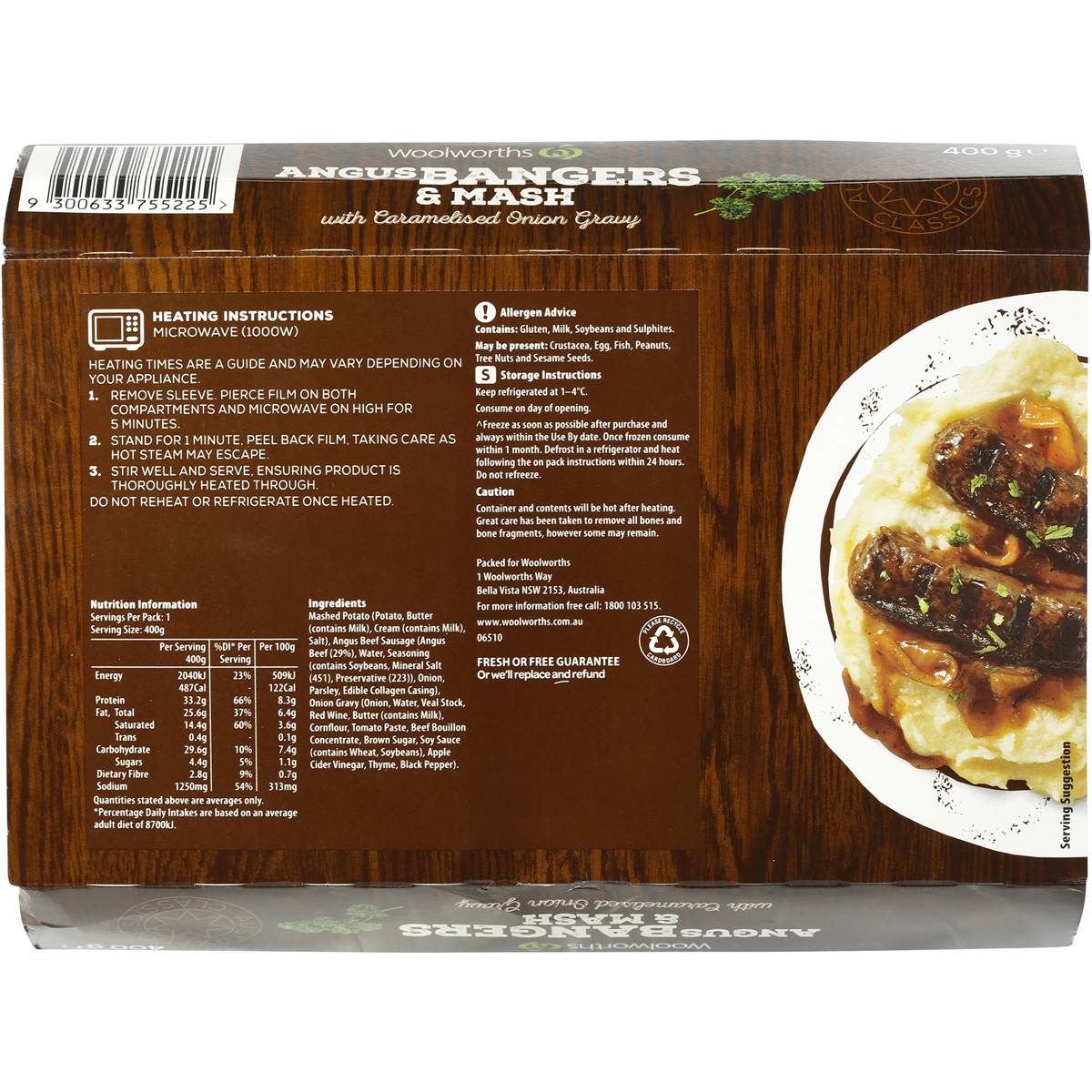 Woolworths Angus Beef Bangers & Mash 400g Woolworths