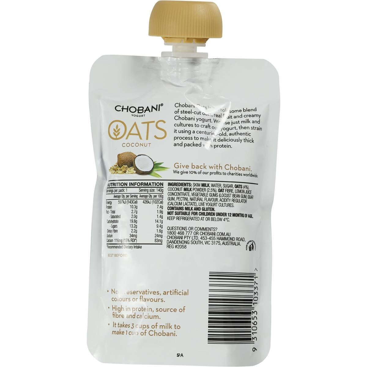 Chobani Coconut With Steelcut Oats Yoghurt Pouch 140g Woolworths