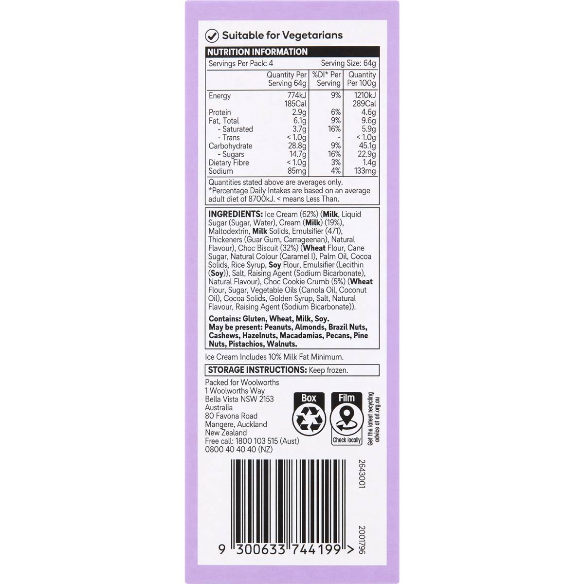 Woolworths Cookies & Cream Ice Cream Sandwich 4 Pack Woolworths