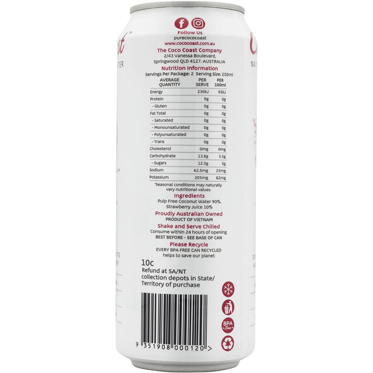 Cococoast Natural Coconut Water Strawberry 500ml Woolworths