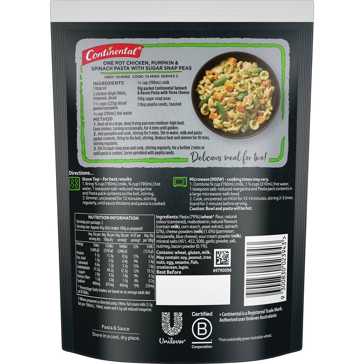 Continental Pasta Sensations Spinach Parmesan & Bacon Serves 2 91g Woolworths