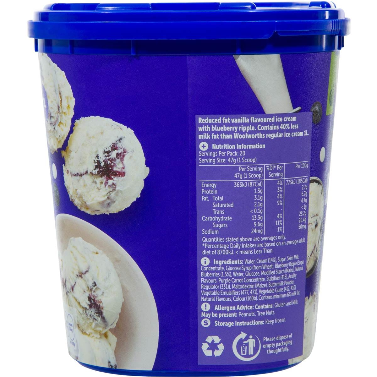 Woolworths Reduced Fat Ice Cream Blueberry Vanilla 2l tub Woolworths
