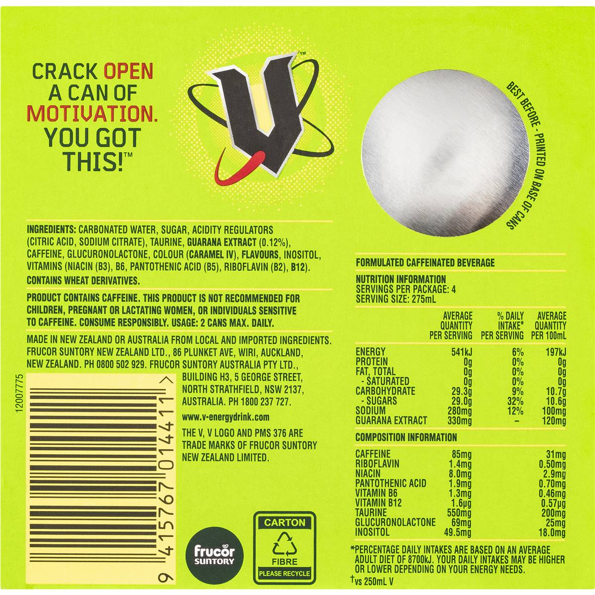 V Energy Drink 275ml X4 Pack | Woolworths