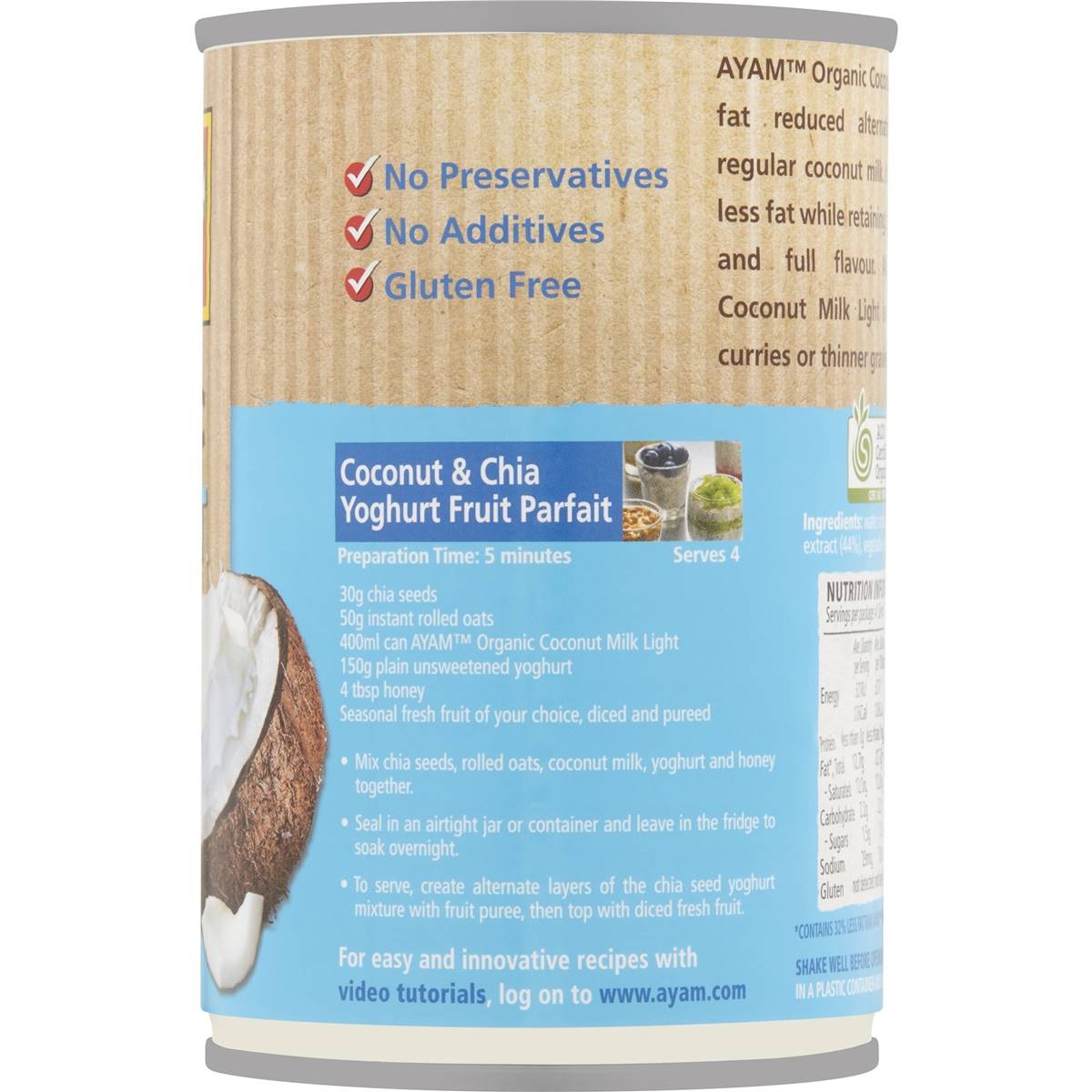 Ayam Organic Light Coconut Milk 400ml | Woolworths