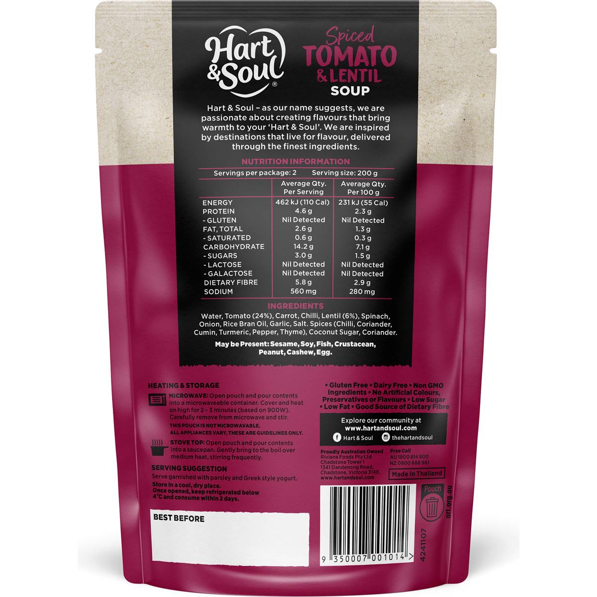 Hart & Soul Spiced Lentil Soup Pouch 400g | Woolworths