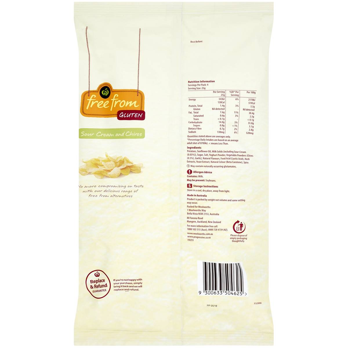 Woolworths Free From Gluten Chips Sour Cream & Chives 100g Woolworths