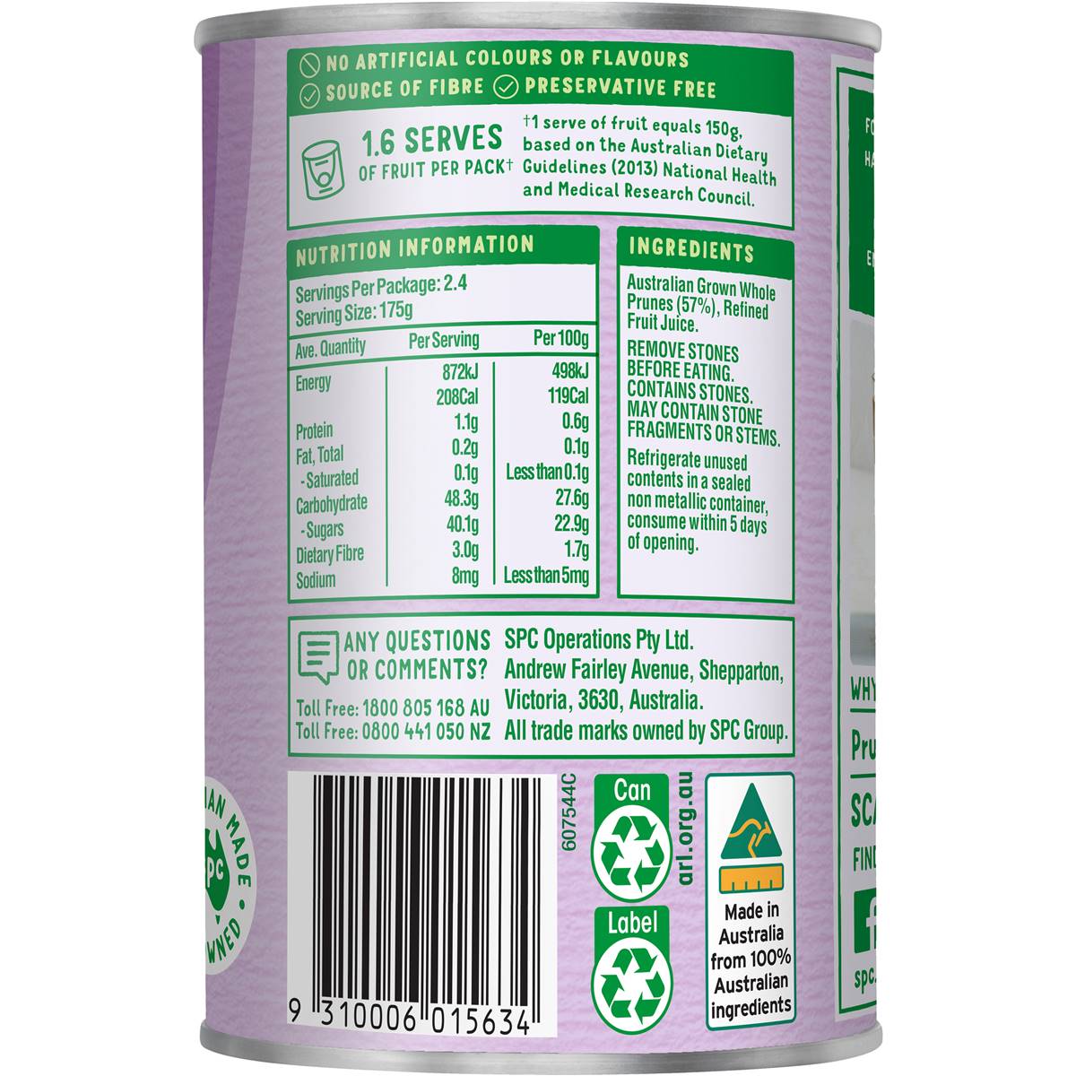 Spc Whole Prunes In Juice Canned Fruit 425g Woolworths