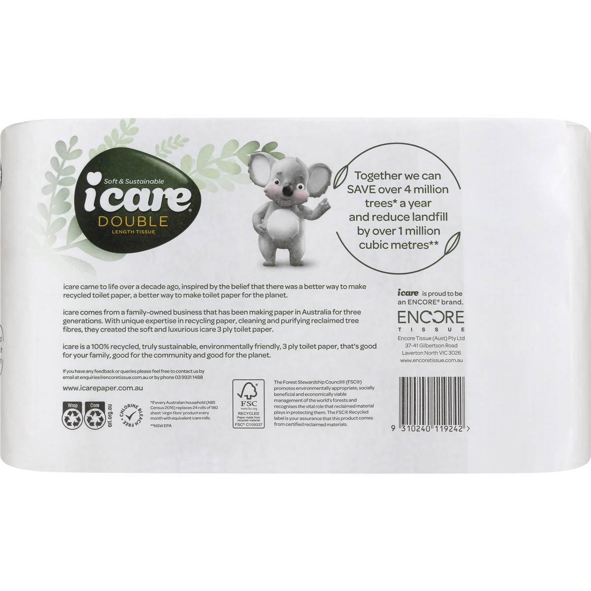 Icare 100 Recycled Toilet Tissue Double Length White 3 Ply 6 Pack