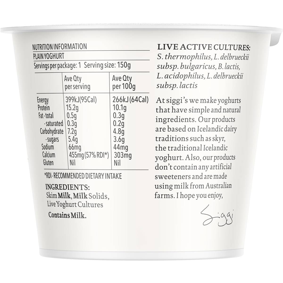 Siggi's 0.5 Fat Yoghurt Plain 150g Woolworths