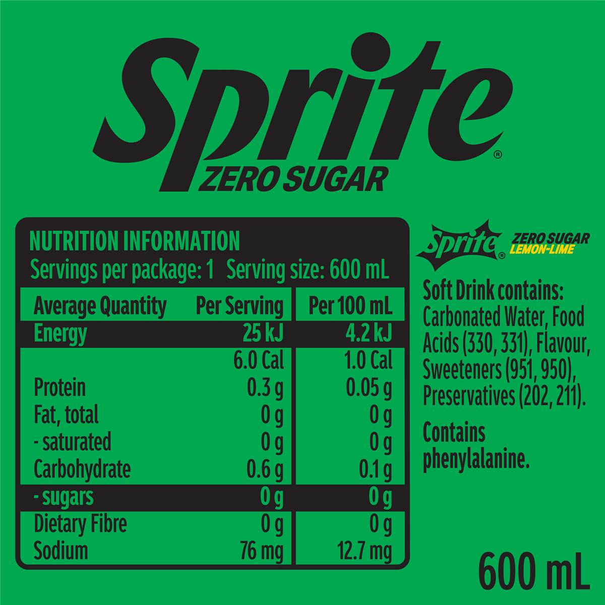 Sprite zero sugar soft drink bottle 600ml woolworths