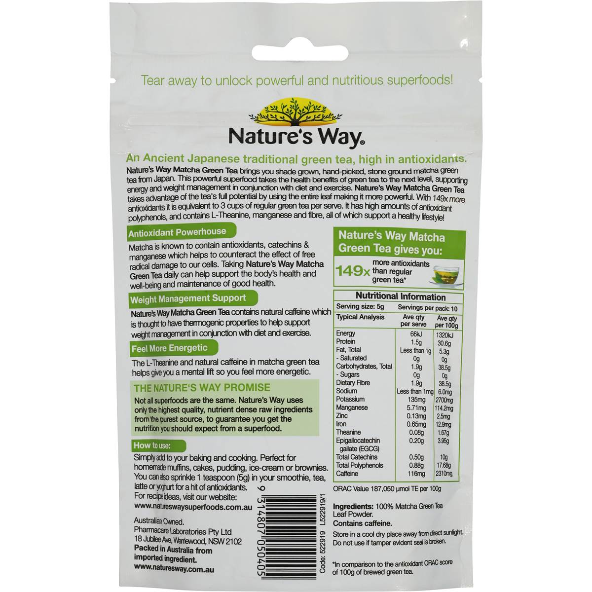 Nature's Way Super Foods Matcha Green Tea 50g Woolworths