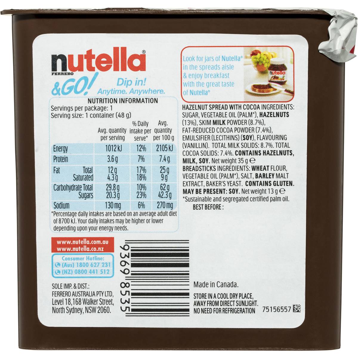 Nutella & Go Hazelnut Spread With Breadsticks 48g Woolworths