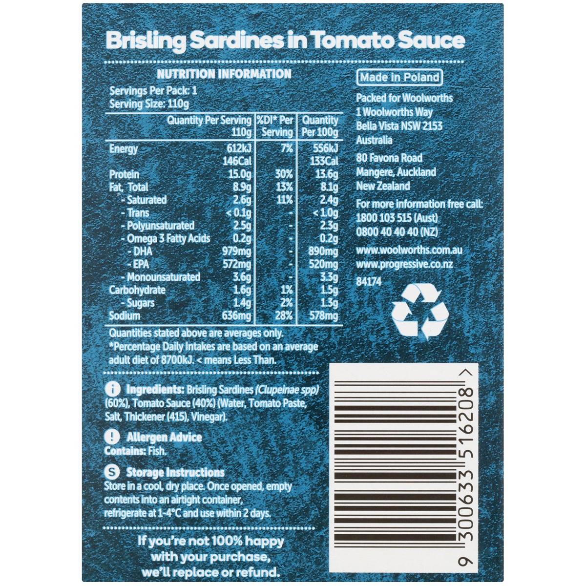 Woolworths Brisling Sardines In Tomato Sauce 110g Woolworths