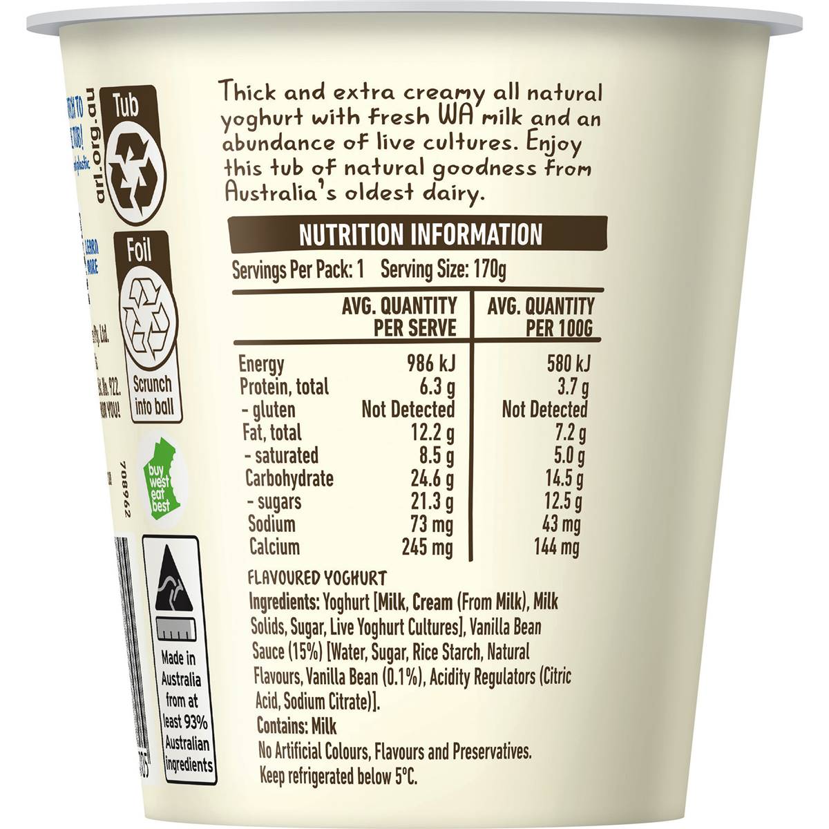 Brownes Natural Yoghurt With Vanilla Bean 170g Woolworths