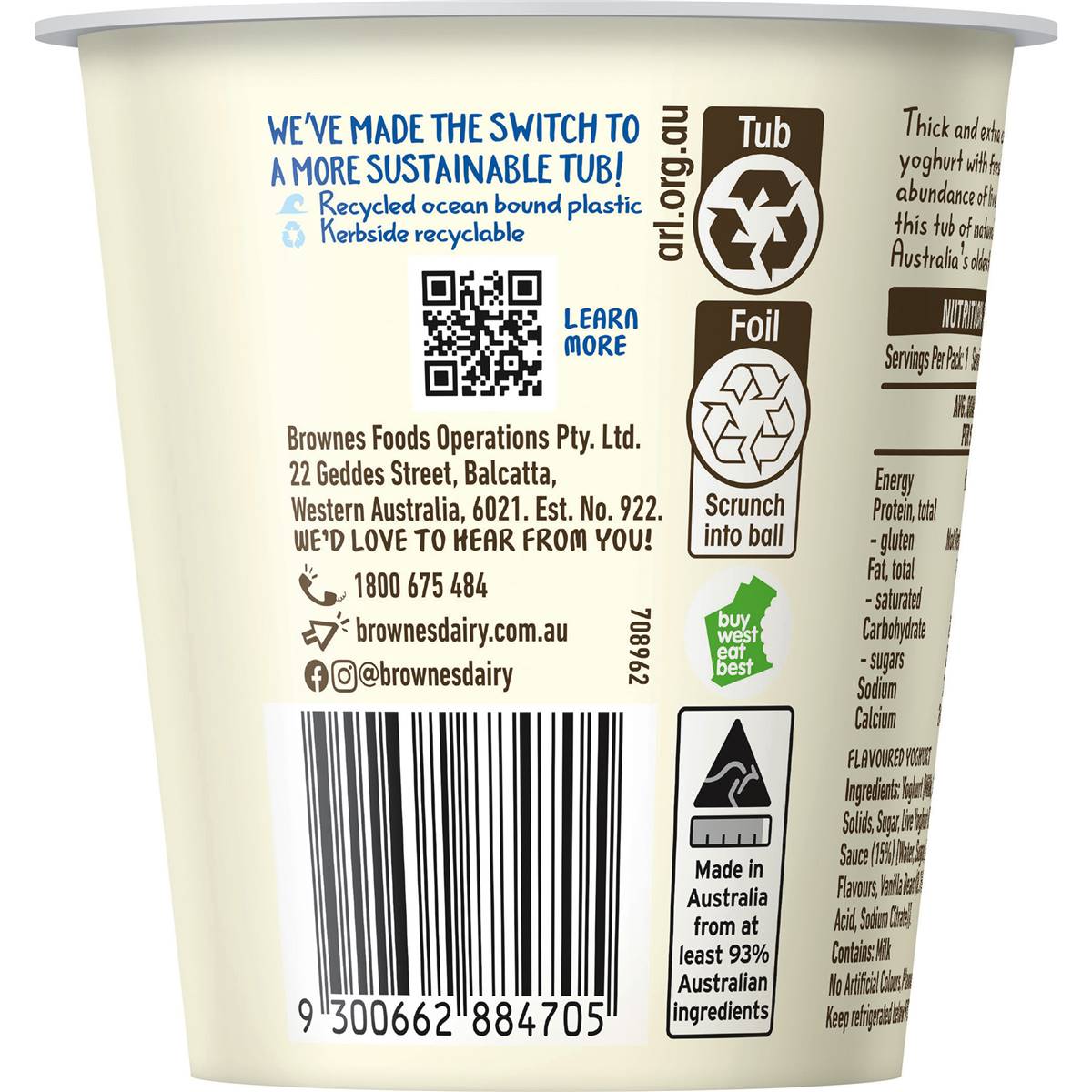 Brownes Natural Yoghurt With Vanilla Bean 170g Woolworths